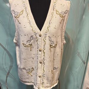 Bobbie Brooks White Sweater Vest with Mask Embroidery